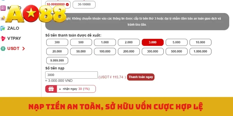 Nạp tiền an toàn, sở hữu vốn cược hợp lệ